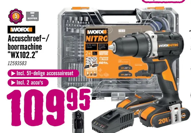 Aanbieding: WORX Accu klopboor-/schroefmachine WX102.2 (Incl. 2x 2,0Ah + lader) en 75-delige accessoireset,WORX Accu klopboor-/schroefmachine WX102.2 (Incl. 2x 2,