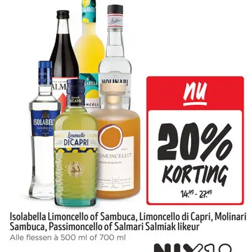 Aanbieding: Isolabella Limoncello of Sambuca, Limoncello di Capri, Molinari Sambuca, Passimoncello of Salmari Salmiak Likeur