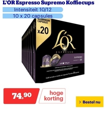 Aanbieding: L'OR Espresso Supremo Koffiecups - Intensiteit 10/12 - 10 x 20 capsules