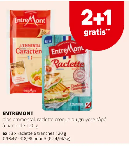Offre: bloc emmental, raclette croque ou gruyère râpé