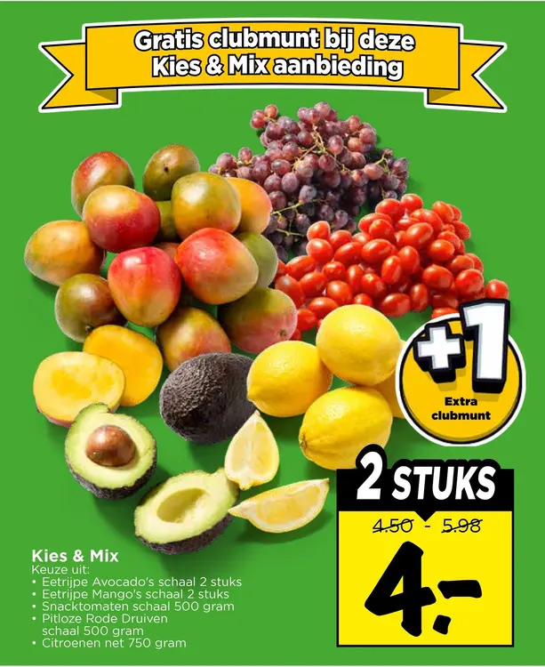 Aanbieding: Kies & Mix Avocado, Mango, Snacktomaten, Druiven en Citroenen
