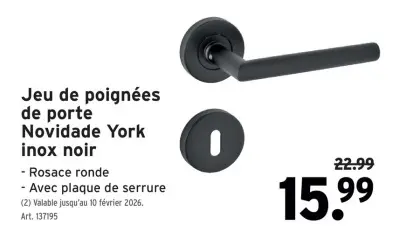 Offre: Jeu de poignées de porte Novidade York inox noir