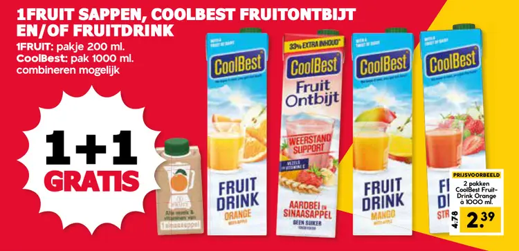 Aanbieding: 1Fruit Sappen, CoolBest Fruitontbijt en/of Fruitdrink