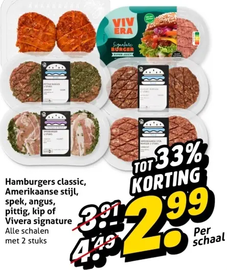 Aanbieding: Hamburgers classic, Amerikaanse stijl, spek, angus, pittig, kip of Vivera signature