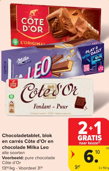Promotie: Chocoladetablet, blok en carrés Côte d'Or en chocolade Milka Leo