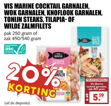 Aanbieding: Vis Marine cocktail garnalen, wok garnalen, knoflook garnalen, tonijn steaks, tilapia- of wilde zalmfilets