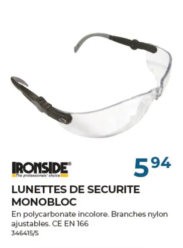 Offre: Lunettes de securite monobloc