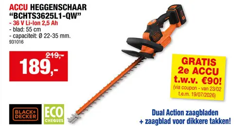 Promotie: Black+Decker BCHTS3625L1-QW Powercommand accu heggenschaar 36V Li-Ion 55cm
