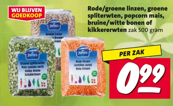 Aanbieding: Rode/groene linzen, groene spliterwten, popcorn mais en meer