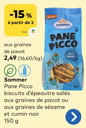 Offre: Pane Picco biscuits d'épeautre salés aux graines de pavot ou aux graines de sésame et cumin noir