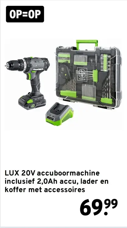 Aanbieding: 20V accuboormachine inclusief 2,0Ah accu, lader en koffer met accessoires