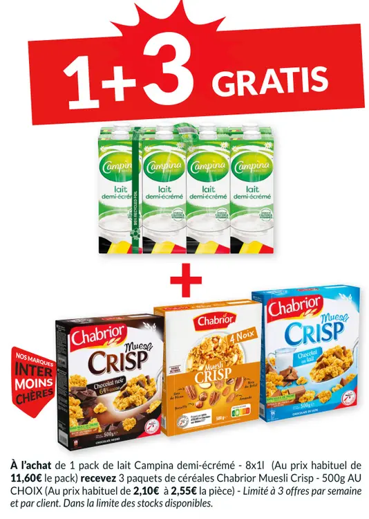 Offre: Lait Campina demi-écrémé et céréales Chabrior