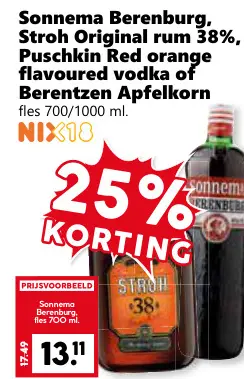 Aanbieding: Berenburg, Stroh Original rum 38%, Puschkin Red orange flavoured vodka of Berentzen Apfelkorn