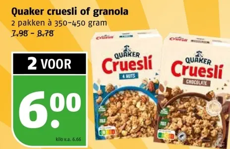 Aanbieding: Quaker cruesli of granola
