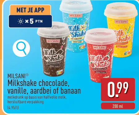 Promotie: Milkshake chocolade, vanille, aardbei of banaan