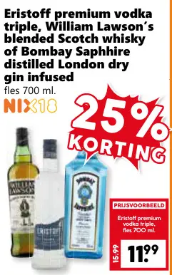 Aanbieding: Premium vodka triple, William Lawson's blended Scotch whisky of Bombay Saphhire distilled London dry gin infused