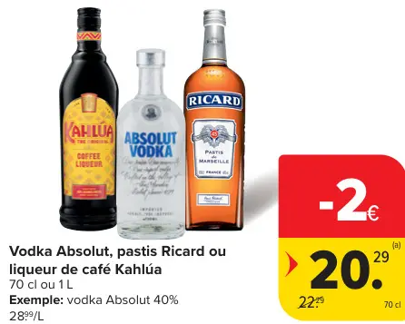 Offre: Vodka Absolut, pastis Ricard ou liqueur de café  Kahlúa