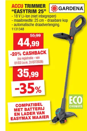Promotie: Gardena EasyTrim 25 accu trimmer 18V Li-Ion 25cm zonder accu