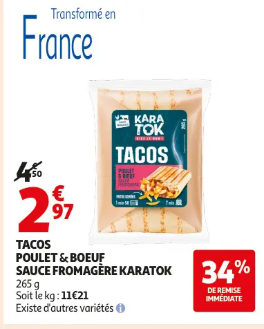 Promotie: Tacos poulet & boeuf sauce fromagère