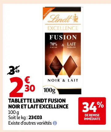 Offre: Tablette Lindt fusion noir et lait excellence