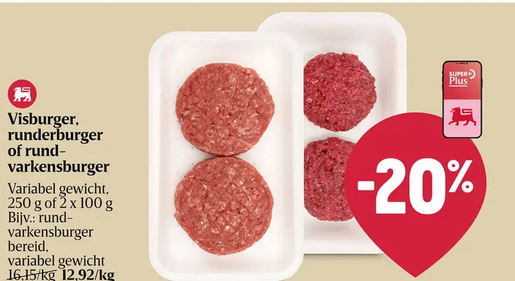 Aanbieding: Visburger, runderburger of rund-varkensburger