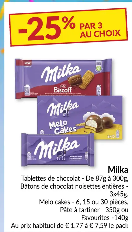 Offre: Tablettes de chocolat, Bâtons de chocolat, Melo cakes, Pâte à tartiner ou Favourites