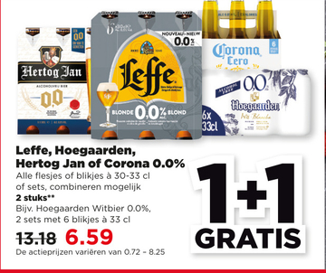 Aanbieding: Leffe, Hoegaarden, Hertog Jan of Corona 0.0%