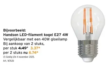 Aanbieding: Handson LED-filament kogel E27 4W