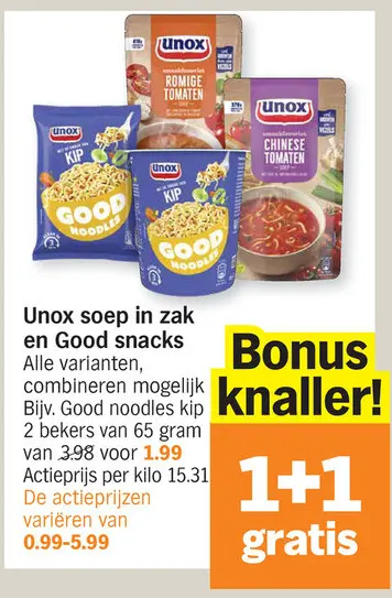 Promotie: Unox soep in zak en Good snacks