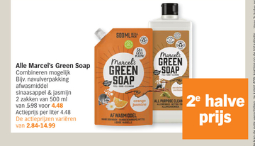 Aanbieding: Alle Marcel's Green Soap Combineren mogelijk Bijv . navulverpakking afwasmiddel sinaasappel & jasmijn 2 zakken van Actieprijs per liter De actieprijzen variëren van