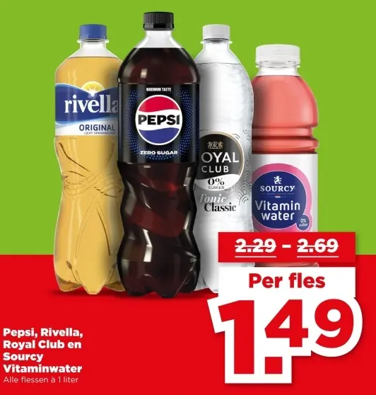 Aanbieding: Pepsi, Rivella, Royal Club en Sourcy Vitaminwater