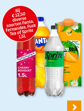 Aanbieding: Fanta, Fernandes, Fuze Tea of Sprite