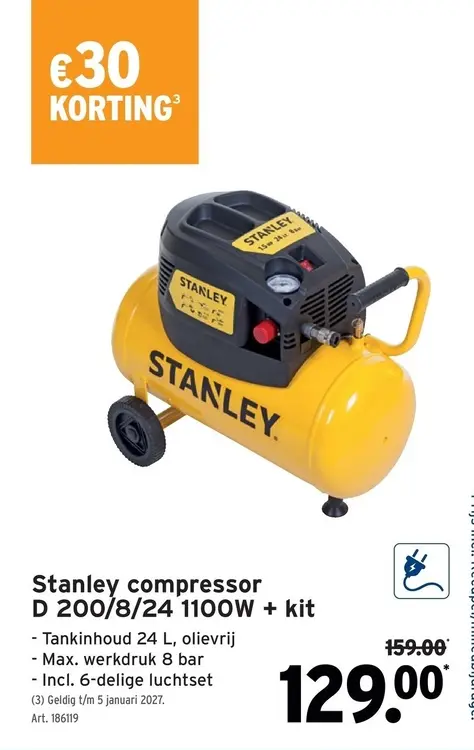 Promotie: Stanley compressor D 200/8/24 1100W + kit