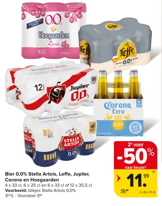 Promotie: Bier 0,0% Stella Artois, Leffe, Jupiler, Corona en Hoegaarden