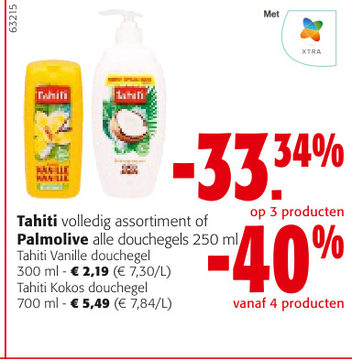 Aanbieding: Tahiti volledig assortiment of Palmolive alle douchegels - 33.34 % op 3 producten - 40 % vanaf 4 producten