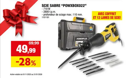 Offre: Powerplus POWXBOX022 scie sabre 710W + 12 accessoires