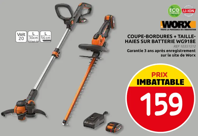 Offre: Coupe-bordures + taille-haies sur batterie WG918E
