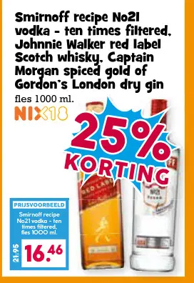 Aanbieding: Smirnoff recipe No21 vodka - ten times filtered, Johnnie Walker red label Scotch whisky, Captain Morgan spiced gold of Gordon London dry gin