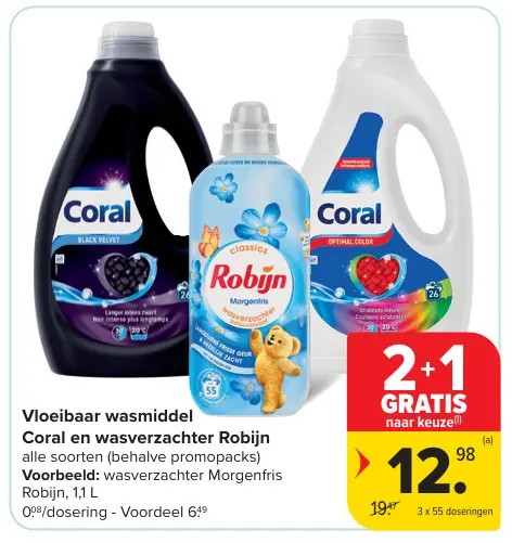 Promotie: Vloeibaar wasmiddel Coral en wasverzachter Robijn