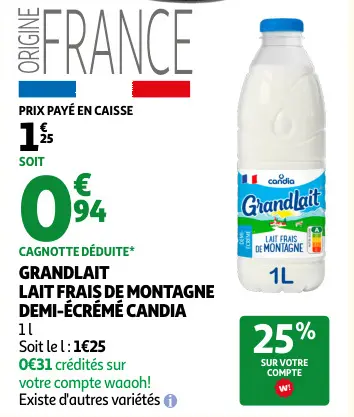 Promotie: Lait frais de montagne demi-écrémé Candia