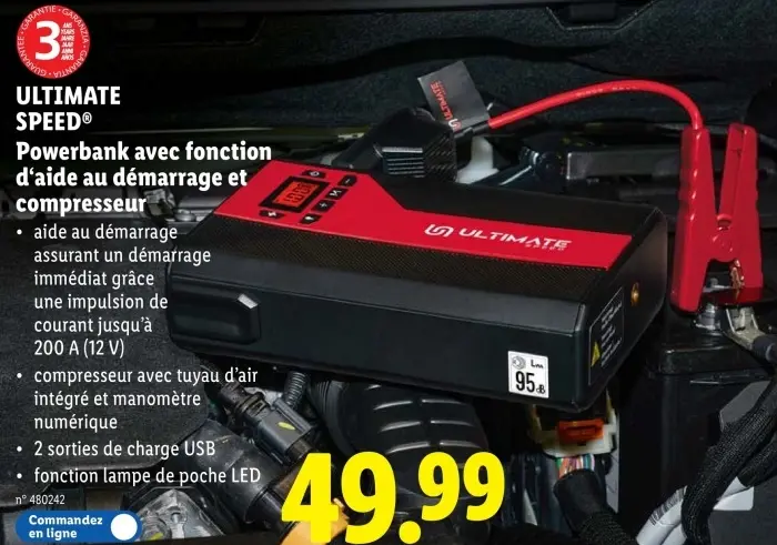 Offre: Powerbank avec fonction d'aide au démarrage et compresseur