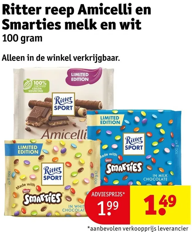 Aanbieding: Reep Amicelli en Smarties melk en wit