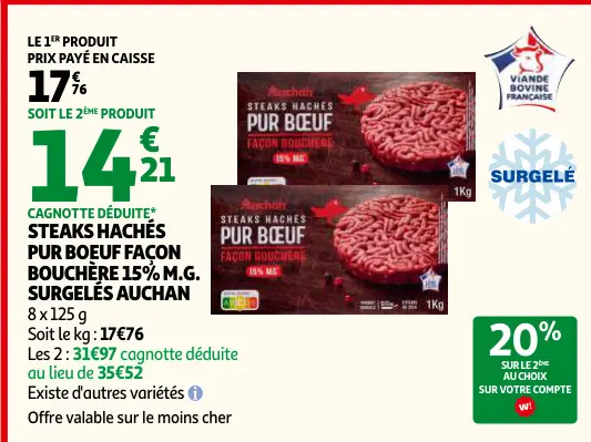 Offre: Steaks hachés pur boeuf façon bouchère 15% m.g.