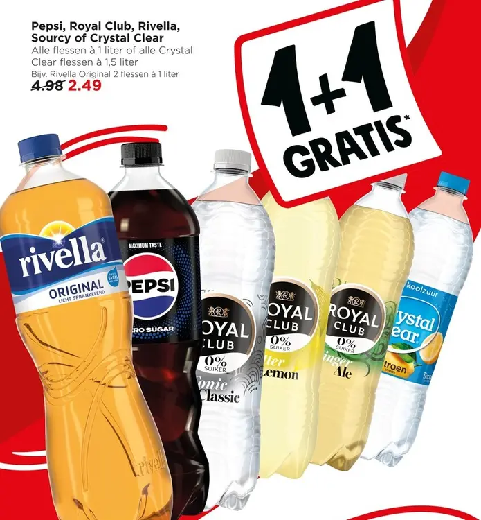 Aanbieding: Pepsi, Royal Club, Rivella, Sourcy of Crystal Clear