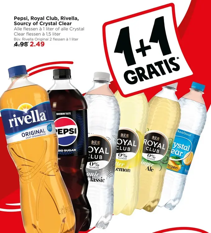 Aanbieding: Pepsi, Royal Club, Rivella, Sourcy of Crystal Clear