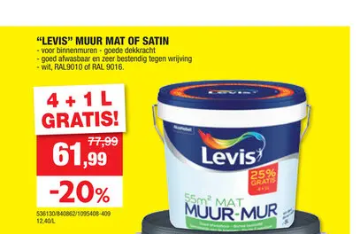 Promotie: Levis muurverf mat 4+1 l wit