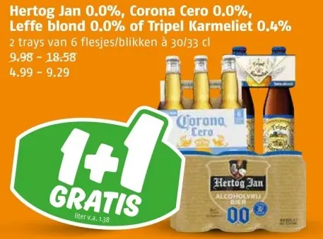 Aanbieding: Hertog Jan 0.0%, Corona Cero 0.0%, Leffe blond 0.0%, of Tripel Karmeliet 0.4%