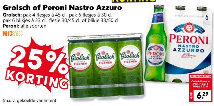 Aanbieding: Grolsch of Peroni Nastro Azzuro