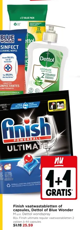 Aanbieding: Finish vaatwastabletten of capsules, Dettol of Blue Wonder