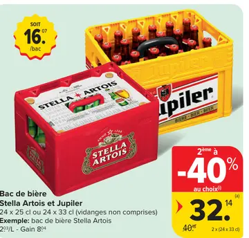 Offre: Bac de bière Stella Artois et Jupiler